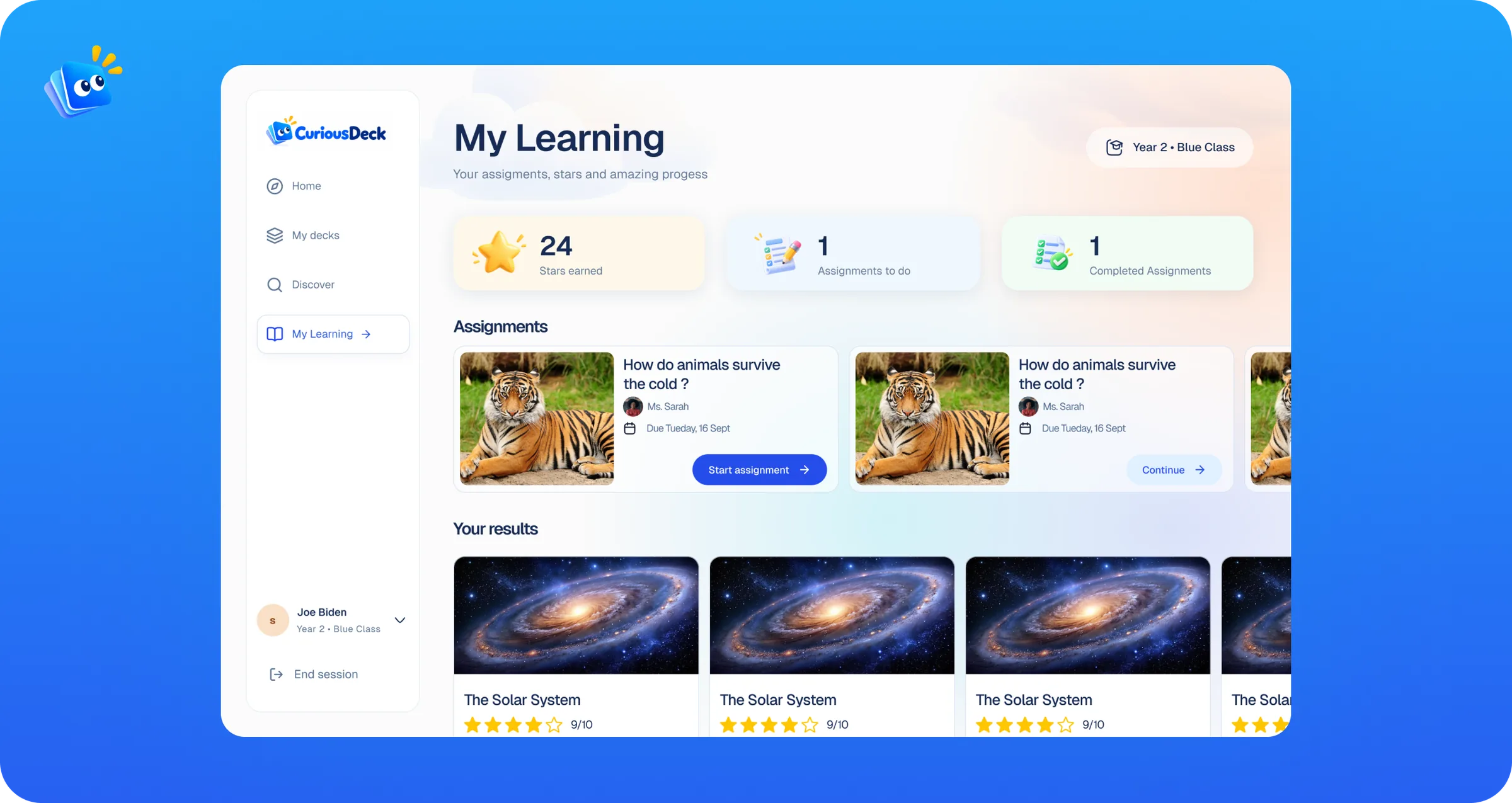 My Learning screen showing stars earned, assignments and completed results.
