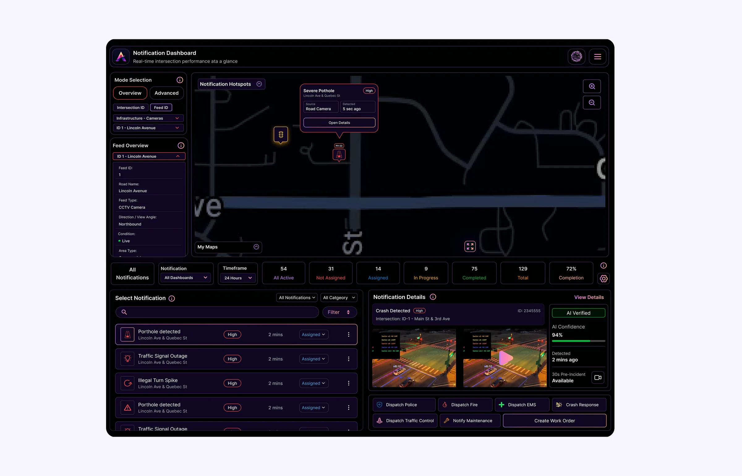ATLAS Notifications dashboard showing operational alerts, map locations, urgency states and supporting incident media.