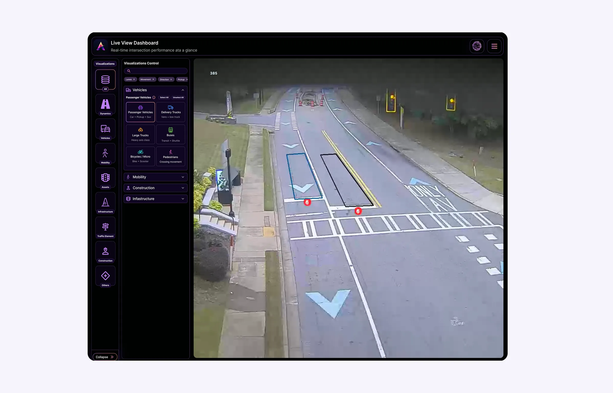 ATLAS Live View interface showing an intersection with colour-coded traffic and infrastructure detection.
