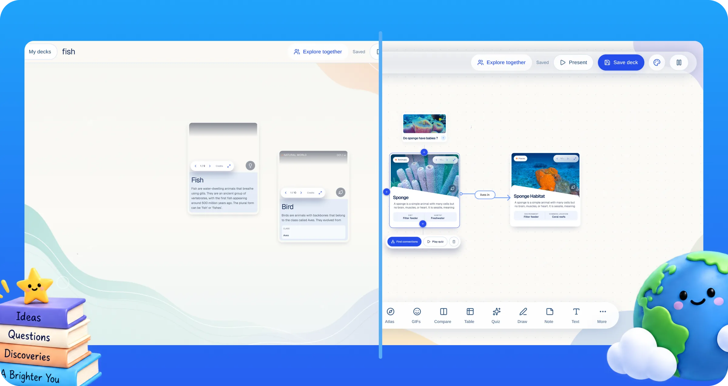 Before and after of the CuriousDeck deck canvas: the original plain workspace beside the redesigned, more playful canvas with connected cards.