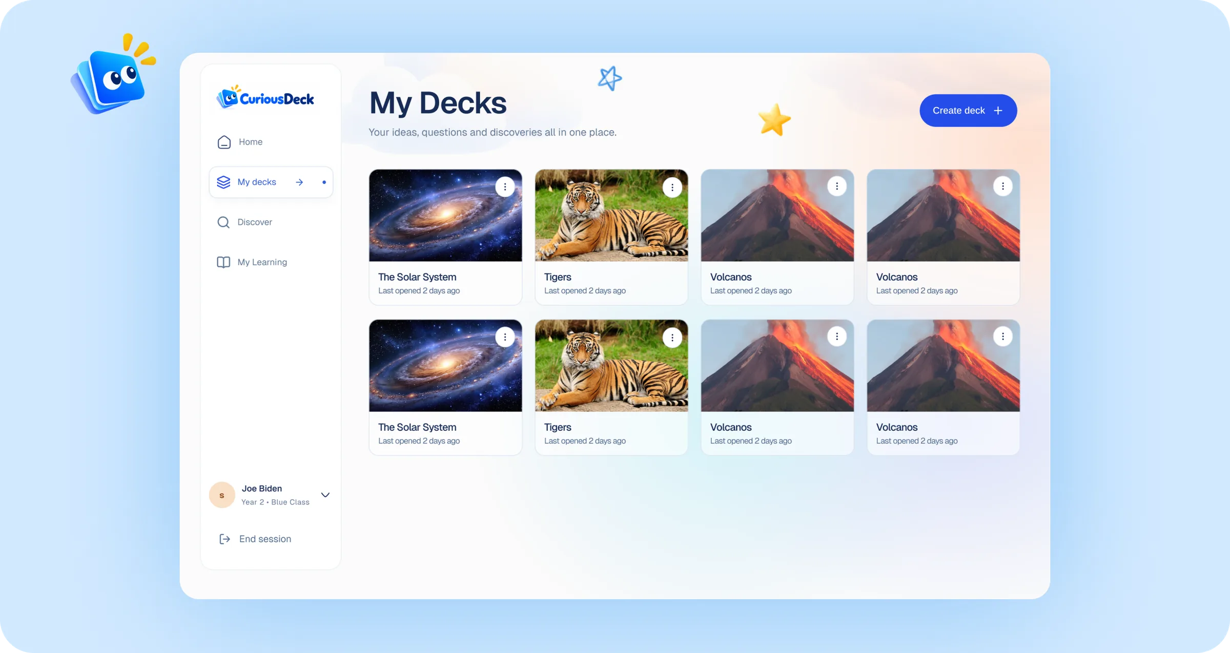 My Decks screen showing saved learning decks such as The Solar System, Tigers and Volcanos.