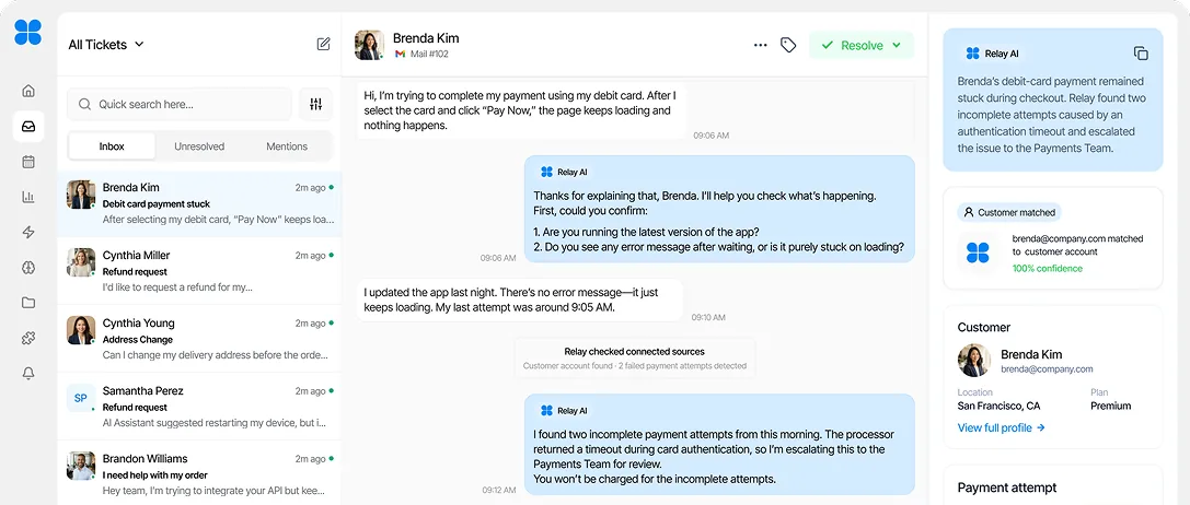 Relay inbox showing a customer's stuck debit-card payment, the AI's replies and the customer profile side panel