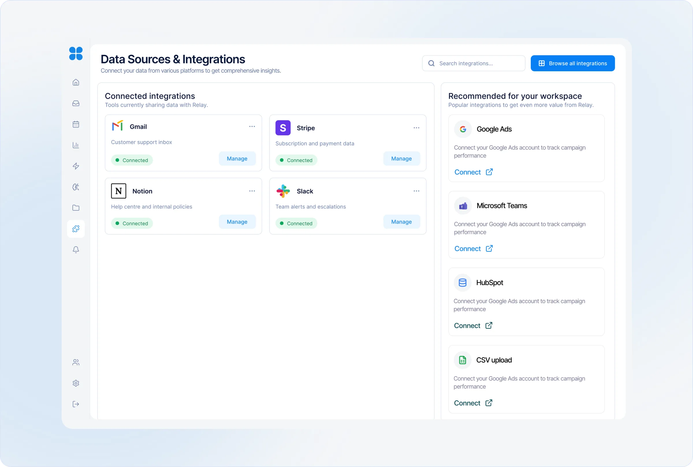 Relay integrations screen showing connected tools and recommended data sources.